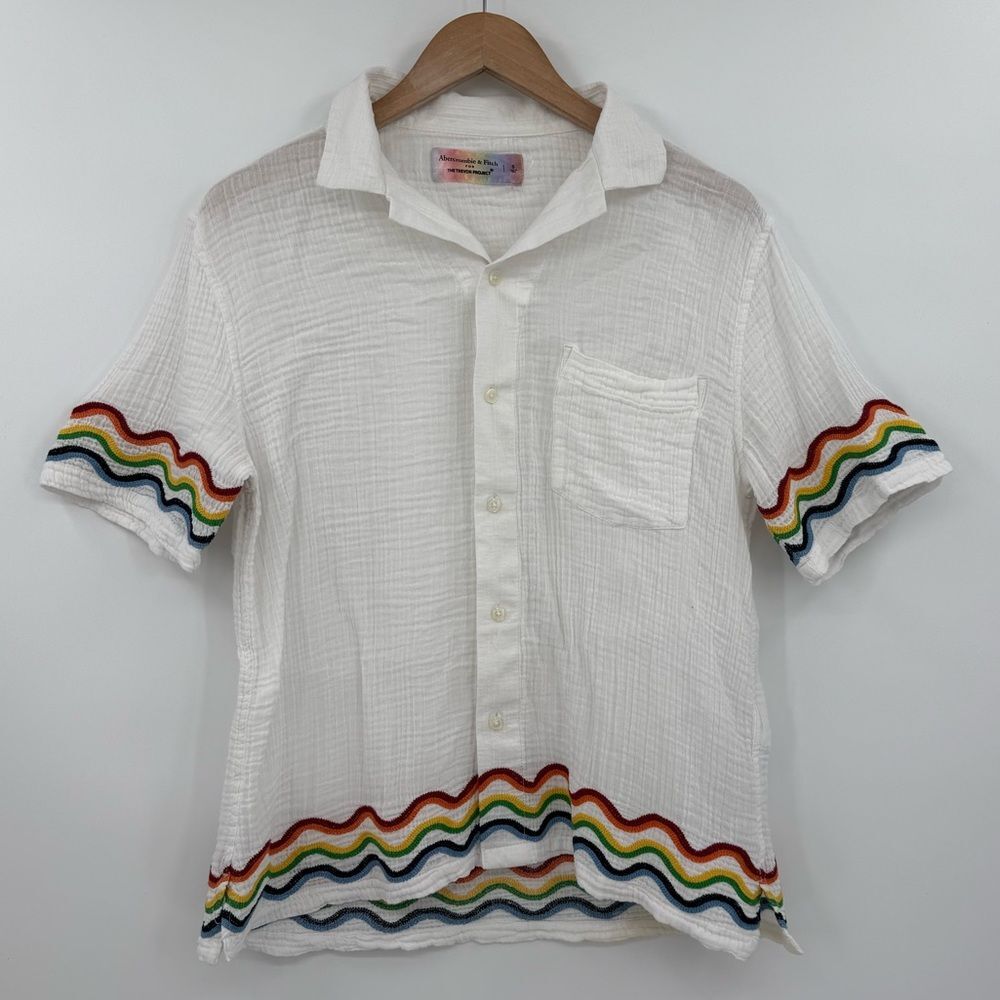 Abercrombie & Fitch Pride Camp Collar Gauze Button Up | White Rainbow | Small